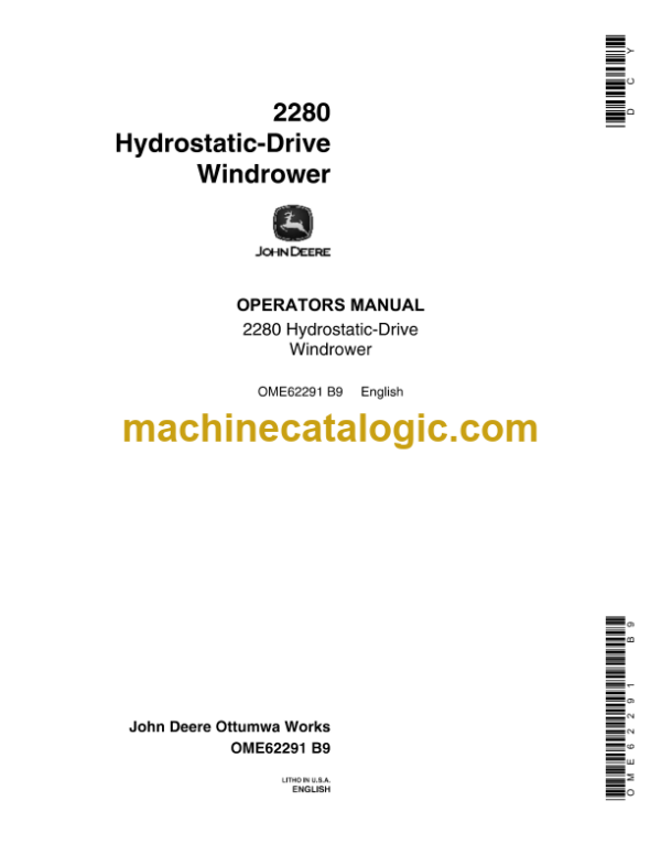 John Deere 2280 Hydrostatic-Drive Windrower Operator's Manual (OME62291)