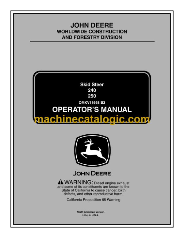 John Deere 240 250 Skid Steer Operator's Manual (OMKV18668)