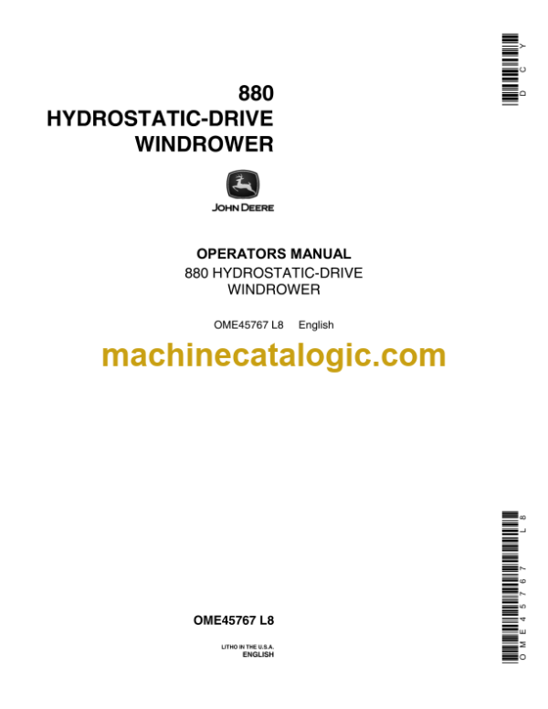 John Deere 880 HYDROSTATIC-DRIVE WINDROWER Operator's Manual (OME45767)