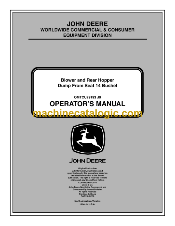 Dump From Seat 14 Bushel Blower and Rear Hopper Operator's Manual (OMTCU29193)