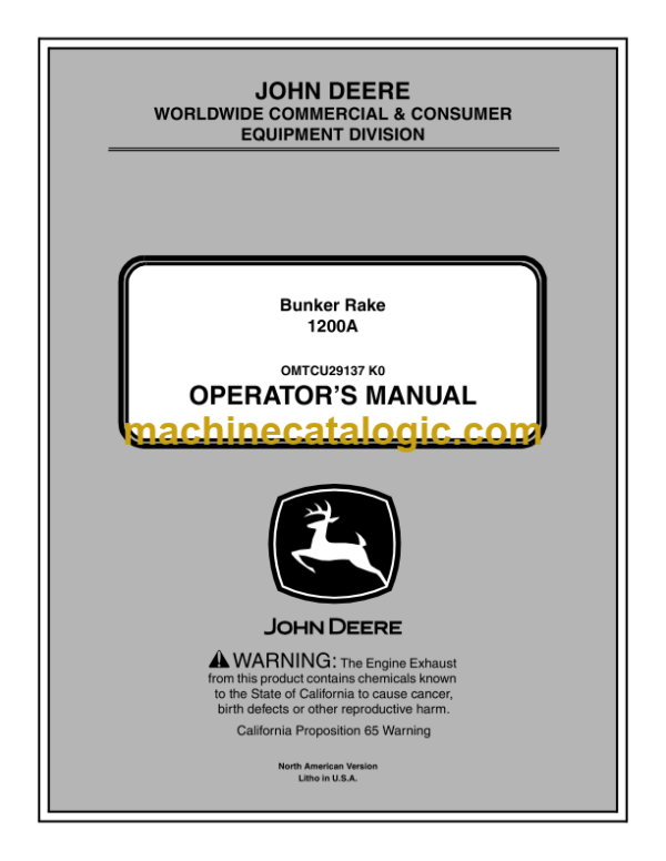 John Deere 1200A Bunker Rake Operator's Manual (OMTCU29137)