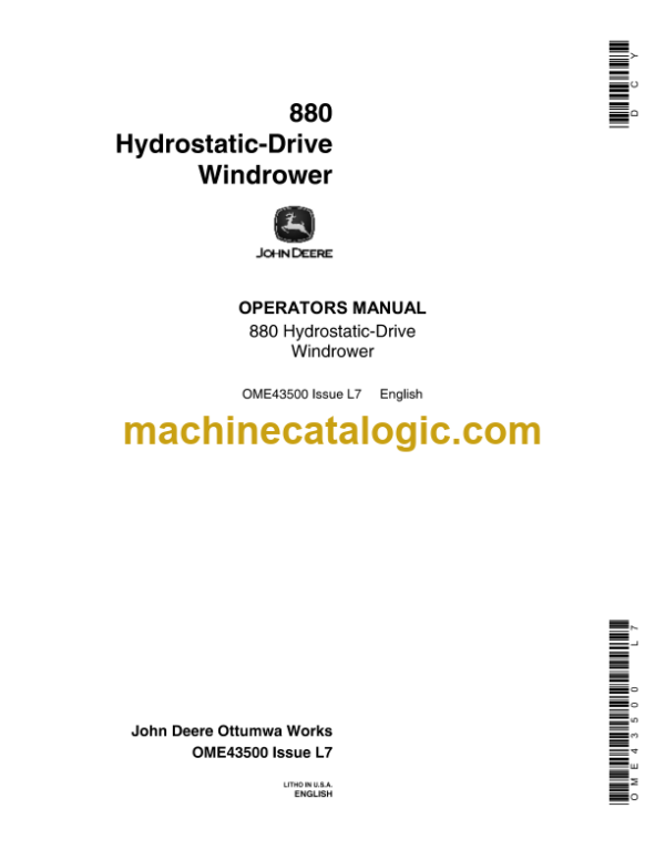 John Deere 880 Hydrostatic-Drive Windrower Operator's Manual (OME43500)