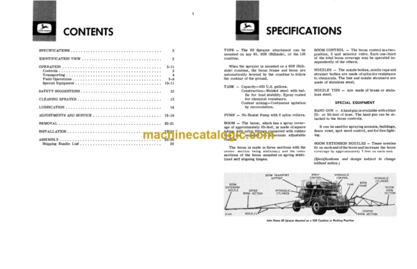 John Deere 60 Sprayer Attachment For John Deere 95, 95H and 15 Combines Operator's Manual (OMB25080)