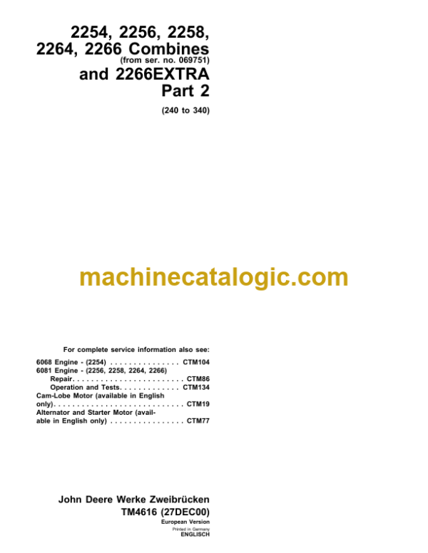 John Deere 2254, 2256, 2258, 2264, 2266 Combines Technical Manual (TM4616)