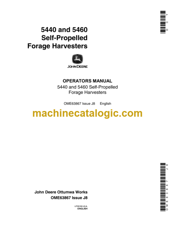 John Deere 5440 and 5460 Self-Propelled Forage Harvesters Operator's Manual (OME63867)