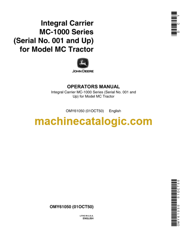 John Deere Model MC Tractor for Integral Carrier MC-1000 Series (SN. 001 and Up) Operator's Manual (OMY61050)