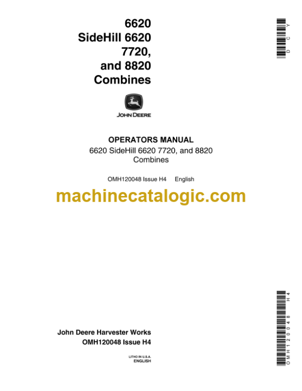 John Deere 6620, SideHill 6620 7720, and 8820 Combines Operator's Manual (OMH120048)