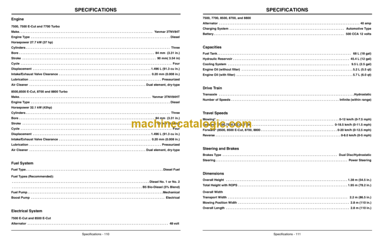 John Deere 7500, 7700, 8500, 8700, 8800, 7500 & 8500 E-Cut Hybrid Lightweight Fairway Mower Operator's Manual (OMTCU27820)