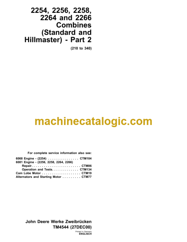 John Deere 2254, 2256, 2258, 2264 and 2266 Combines Technical Manual (TM4544)