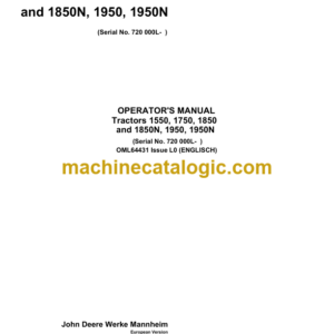 John Deere 1550, 1750, 1850 and 1850N, 1950, 1950N Tractors Operator's Manual (OML64431)