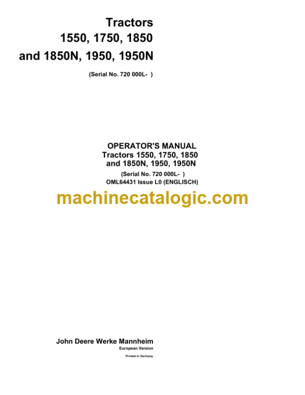 John Deere 1550, 1750, 1850 and 1850N, 1950, 1950N Tractors Operator's Manual (OML64431)