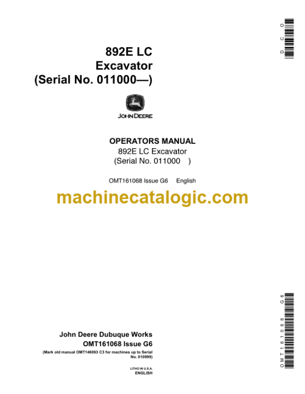 John Deere 892E LC Excavator Operator's Manual (OMT161068)