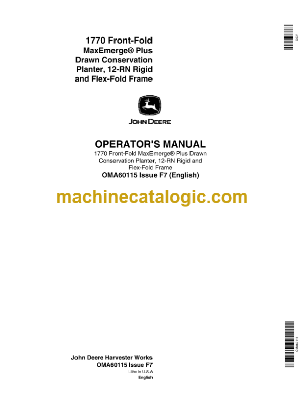 John Deere 1770 Front-Fold MaxEmerge Plus Drawn Conservation Planter, 12-RN Rigid and Flex-Fold Frame Operator's Manual (OMA60115)