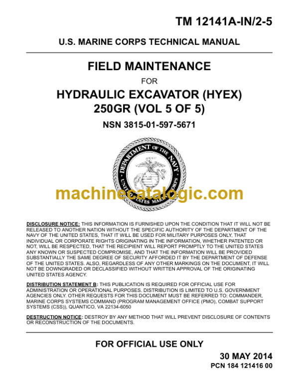 John Deere 250GR Hydraulic Excavator Technical Manual VOL 5 OF 5 (TM12141A-IN2-5)