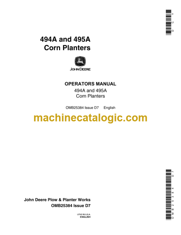 John Deere 494A and 495A Corn Planters Operator's Manual (OMB25384)