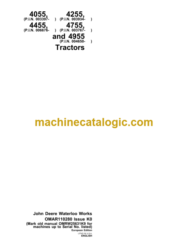 John Deere 4055, 4255, 4455, 4755 and 4955 Tractors Operator's Manual (OMAR110280)