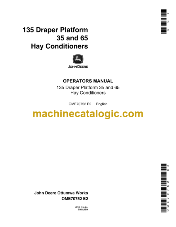 John Deere 135 Draper Platform 35 and 65 Hay Conditioners Operator's Manual (OME70752)