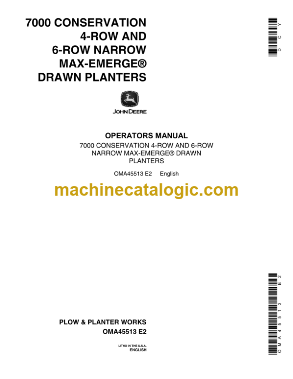 John Deere 7000 CONSERVATION 4-ROW AND 6-ROW NARROW MAX-EMERGE DRAWN PLANTERS Operator's Manual (OMA45513)