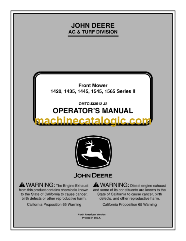 John Deere 1420, 1435, 1445, 1545, 1565 Series-2 Front Mower Operator's Manual (OMTCU33512E)