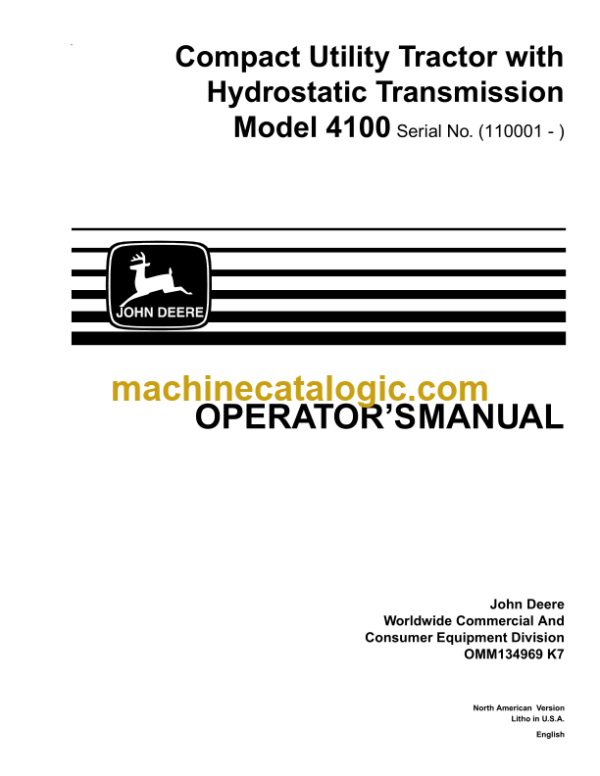 John Deere Model 4100 Compact Utility Tractor with Hydrostatic Transmission Operator's Manual (OMM134969K7)