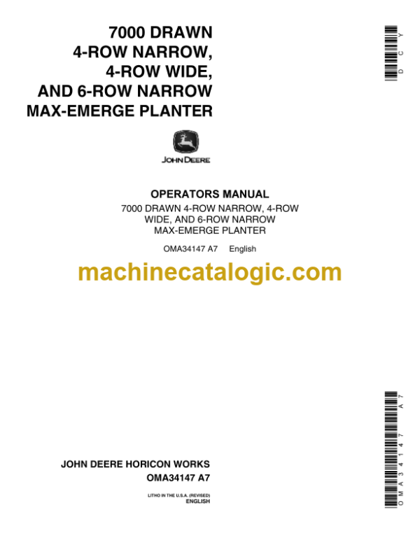 John Deere 7000 Drawn 4-Row Narrow, 4-Row Wide, And 6-Row Narrow Max-Emerge Planter Operator's Manual (OMA34147)