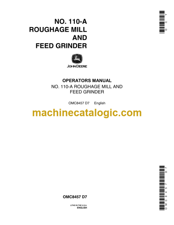 John Deere NO. 110-A Roughage Mill and Feed Grinder Operator's Manual (OMC8457)