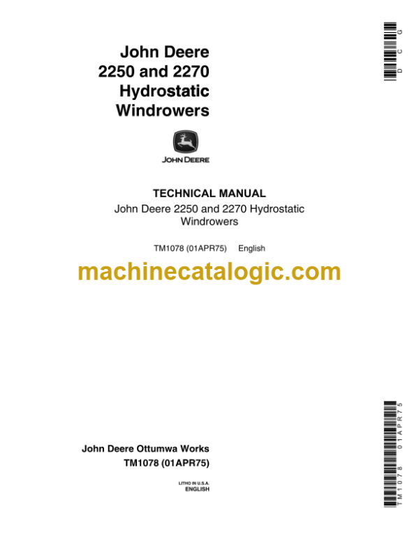 John Deere 2250 and 2270 Hydrostatic Windrowers Technical Manual (TM1078)