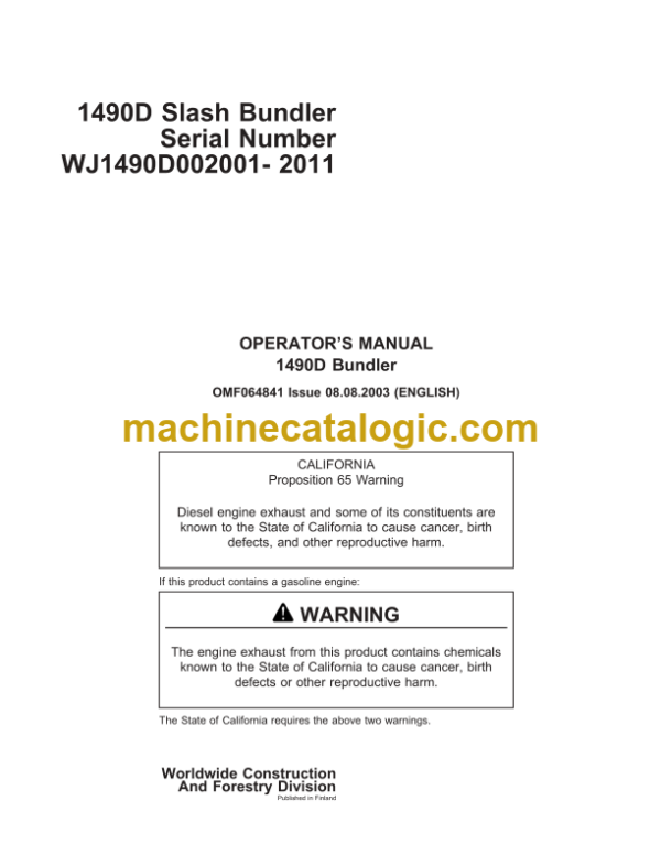 John Deere 1490D Slash Bundler Operator's Manual (OMF064841)