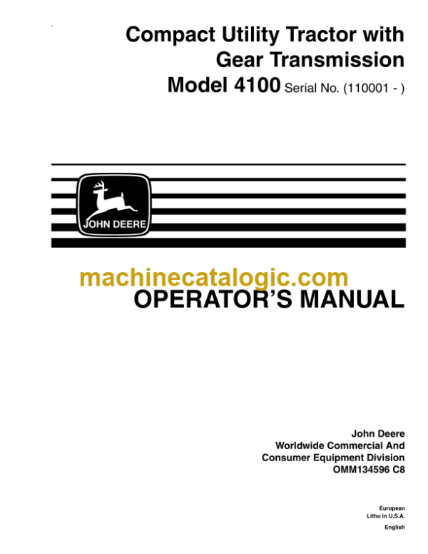 John Deere Model 4100 Compact Utility Tractor with Gear Transmission Operator's Manual (OMM134596)