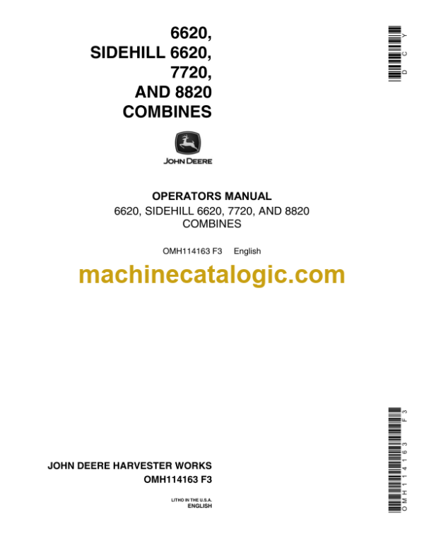 John Deere 6620, Sidehill 6620, 7720, and 8820 Combines Operator's Manual (OMH114163)