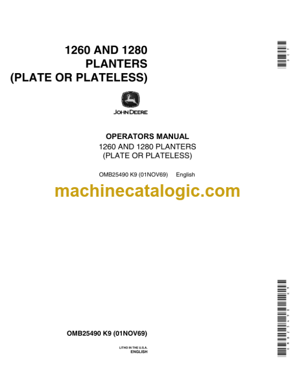 John Deere 1260 and 1280 Planters (PLATE OR PLATELESS) Operator's Manual (OMB25490)