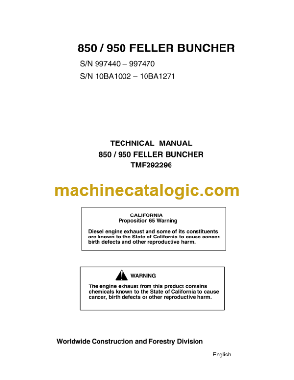 John Deere 850 950 Feller Buncher Technical Manual (TMF292296)