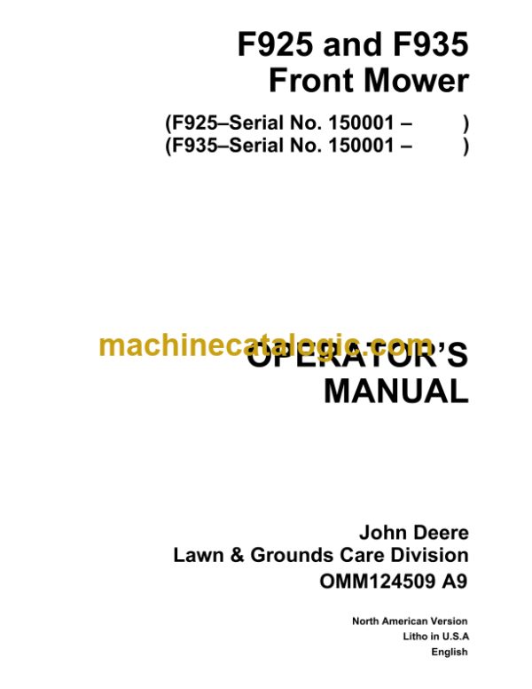 John Deere F925 and F935 Front Mower Operator's Manual (OMM124509A9)