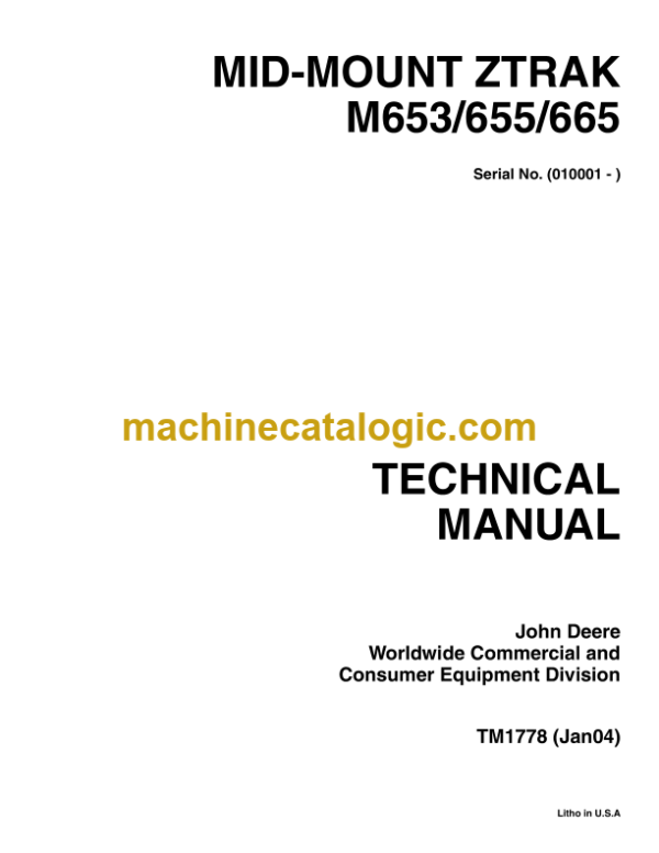 John Deere MID-MOUNT ZTRAK M653 655 665 Technical Manual (TM1778)