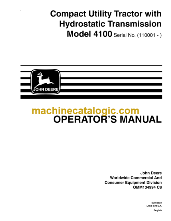 John Deere Model 4100 Compact Utility Tractor with Hydrostatic Transmission Operator's Manual (OMM134994)