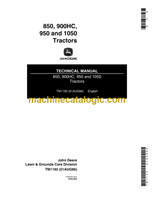 John Deere 850 900HC 950 and 1050 Tractors Technical Manual (TM1192)