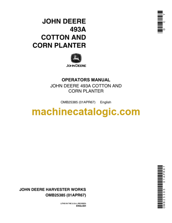 John Deere 493A Cotton and Corn Planter Operator's Manual (OMB25385)