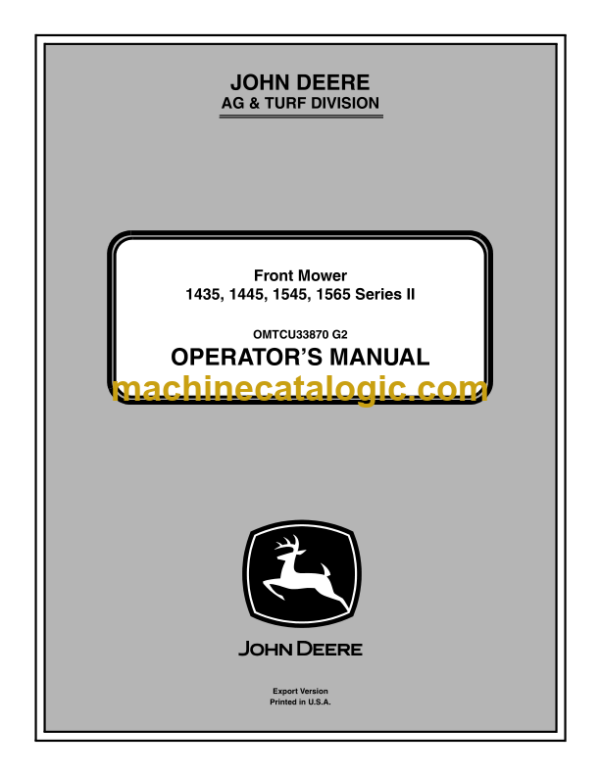 John Deere 1435, 1445, 1545, 1565 Series-2 Front Mower Operator's Manual (OMTCU33870)