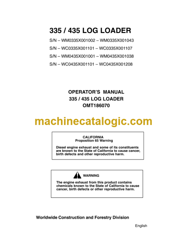 John Deere 335 and 435 Log Loader Operator's Manual (OMT186070)