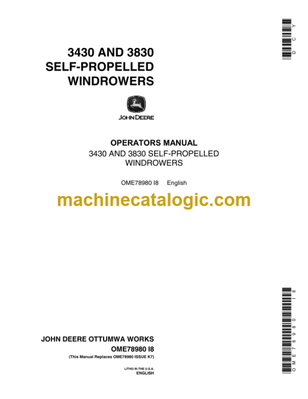 John Deere 3430 and 3830 Self-Propelled Windrowers Operator's Manual (OME78980)