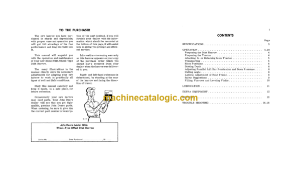 John Deere WHA Wheel-Type Offset Disk Harrow Operator's Manual (OMW15473)