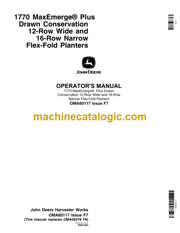 John Deere 1770 MaxEmerge® Plus Drawn Conservation 12-Row Wide and 16-Row Narrow Flex-Fold Planters Operator's Manual (OMA60117)