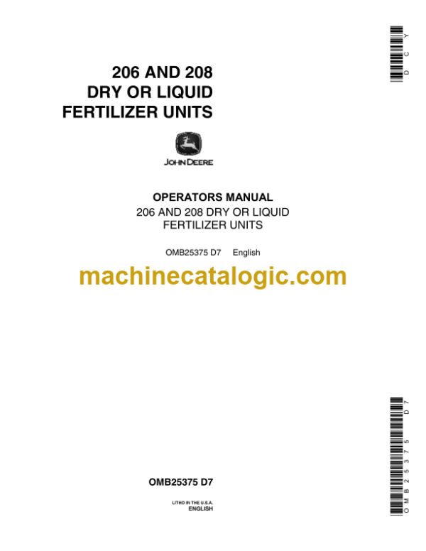 John Deere 206 and 208 Dry or Liquid Fertilizer Units Operator's Manual (OMB25375)