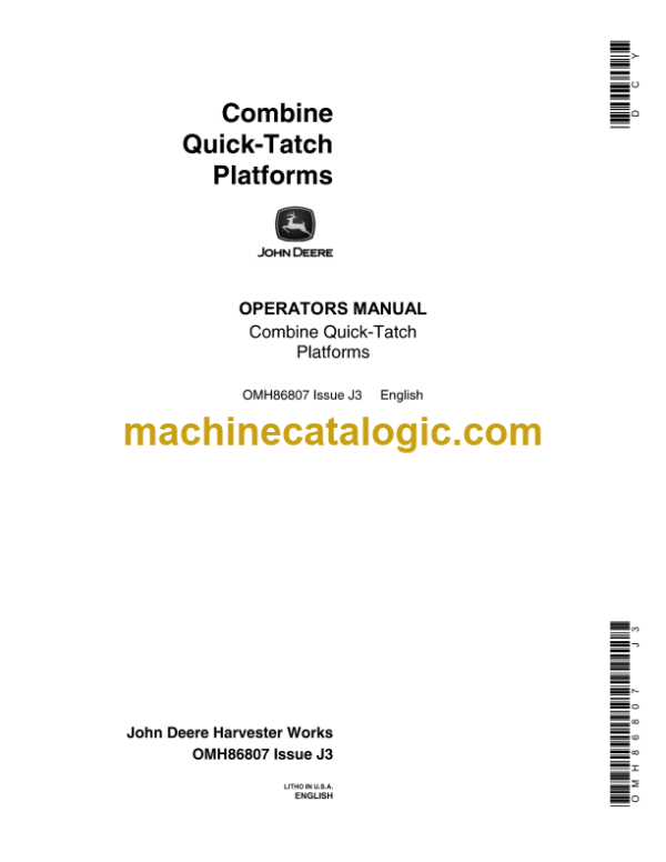 John Deere Combine Quick-Tatch Platforms Operator's Manual (OMH86807)