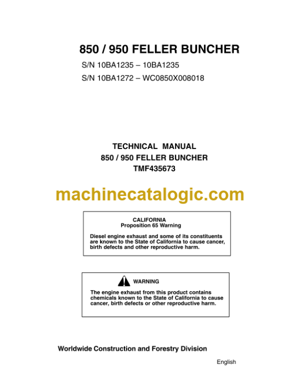 John Deere 850 950 Feller Buncher Technical Manual (TMF435673)