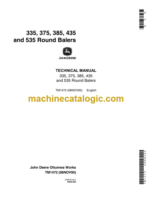 John Deere 335 375 385 435 and 535 Round Balers Technical Manual (TM1472)