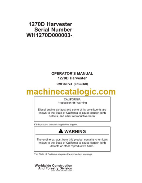 John Deere 1270D Harvester Operator's Manual (OMF063723)