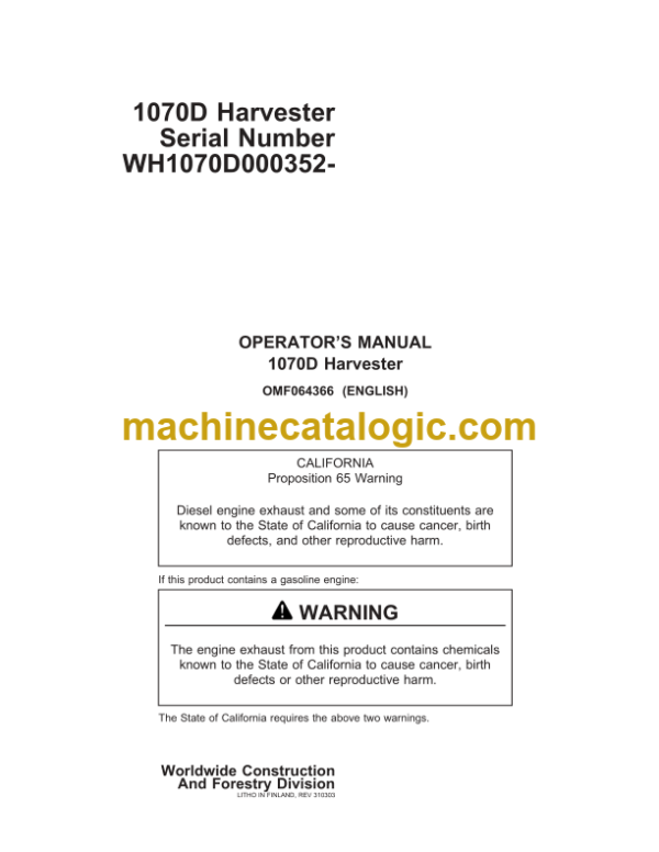 John Deere 1070D Harvester Operator's Manual (OMF064366)