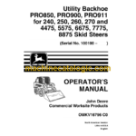 John Deere PRO850, PRO900, PRO911 for 240, 250, 260, 270 and 4475, 5575, 6675, 7775, 8875 Utility Backhoe Skid Steers Operator's Manual (OMKV16796)