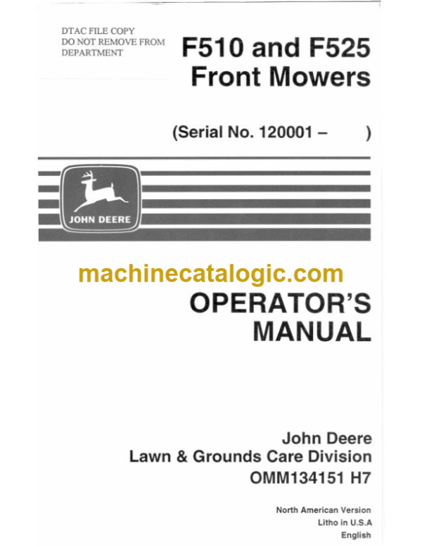 John Deere F510 and F525 Front Mowers Operator's Manual (OMM134151)